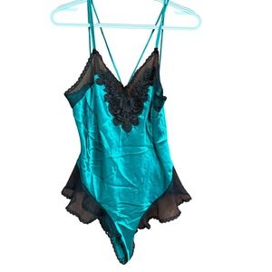 Vintage California‎ Dynasty Teddy Bodysuit Green Black Lace Lingerie M